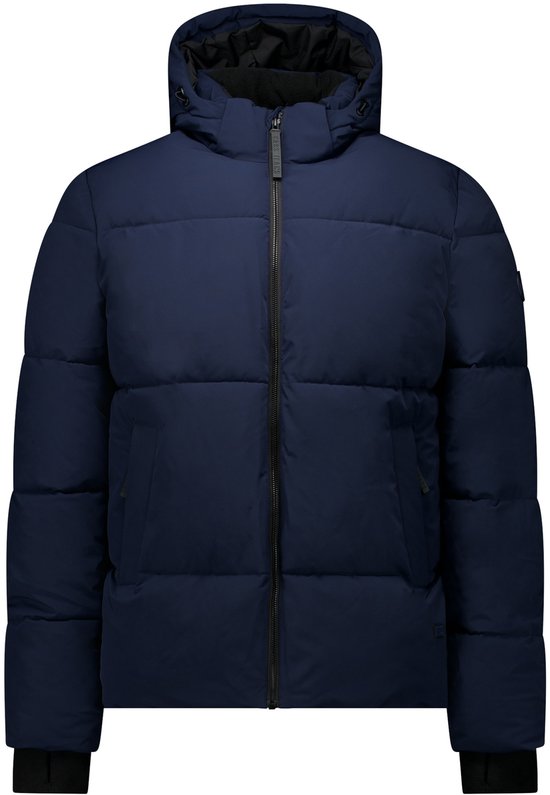 Voorkant van de donkerblauwe Cars Jeans Tarck jas met rits en capuchon.