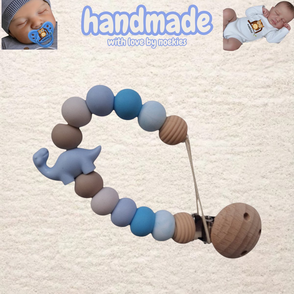noekies Speenkoord dino lichtblauw beige Kraamcadeau - Speenketting - Babycadeau - Babyshower nr 20