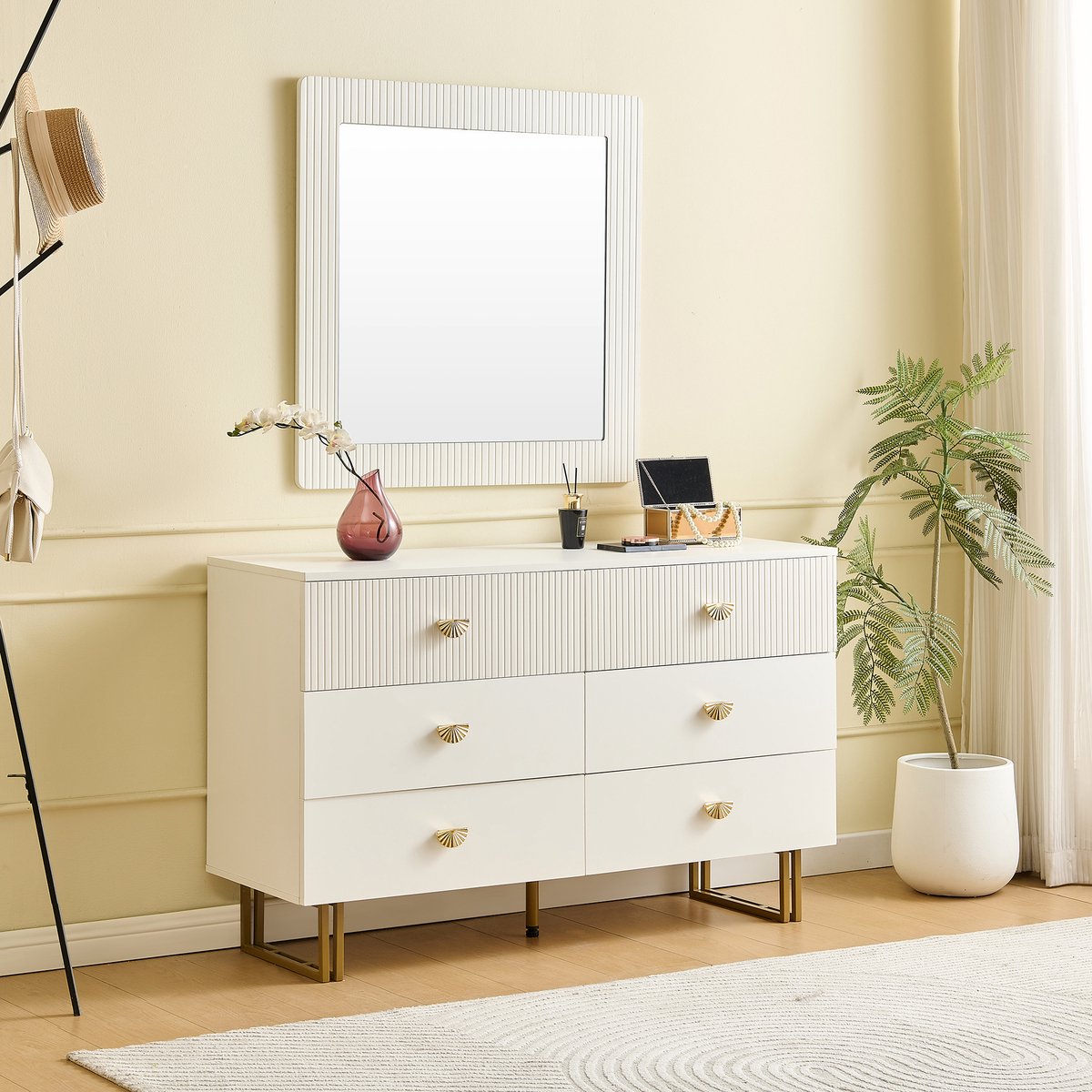 DESMIU Dressoir En Spiegelset - 6 Laden Met Wandspiegel Voor Hal En Slaapkamer - MDF - Wit - 120x40x75 Cm En 80x80 Cm