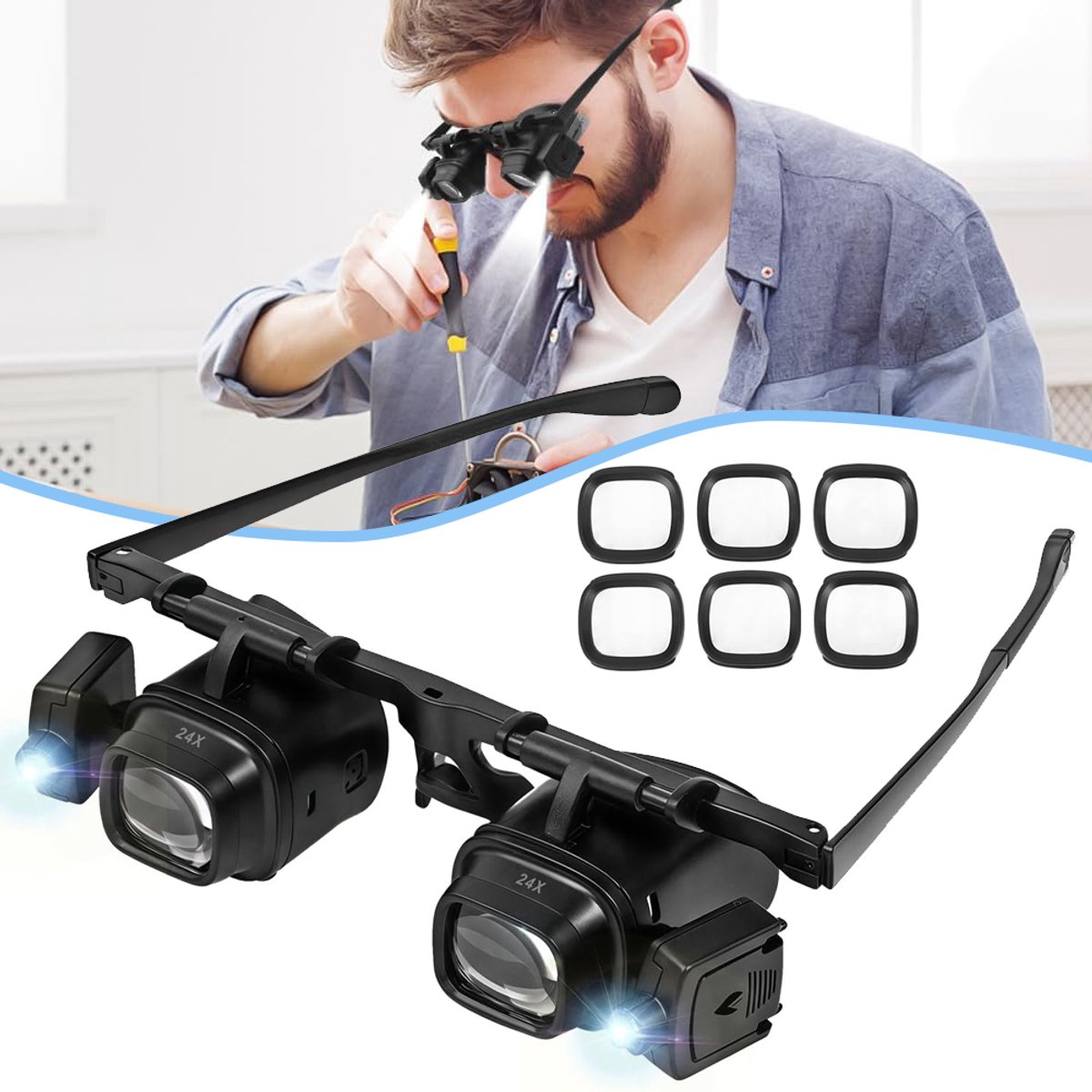 Vergrootglazen Met Led-Verlichting - Handsfree Hoofdloep - Vergrootglas Met 4 Verwisselbare Lenzen 2X 6X 10X 24X - Verstelbare Lens En Lichthoek