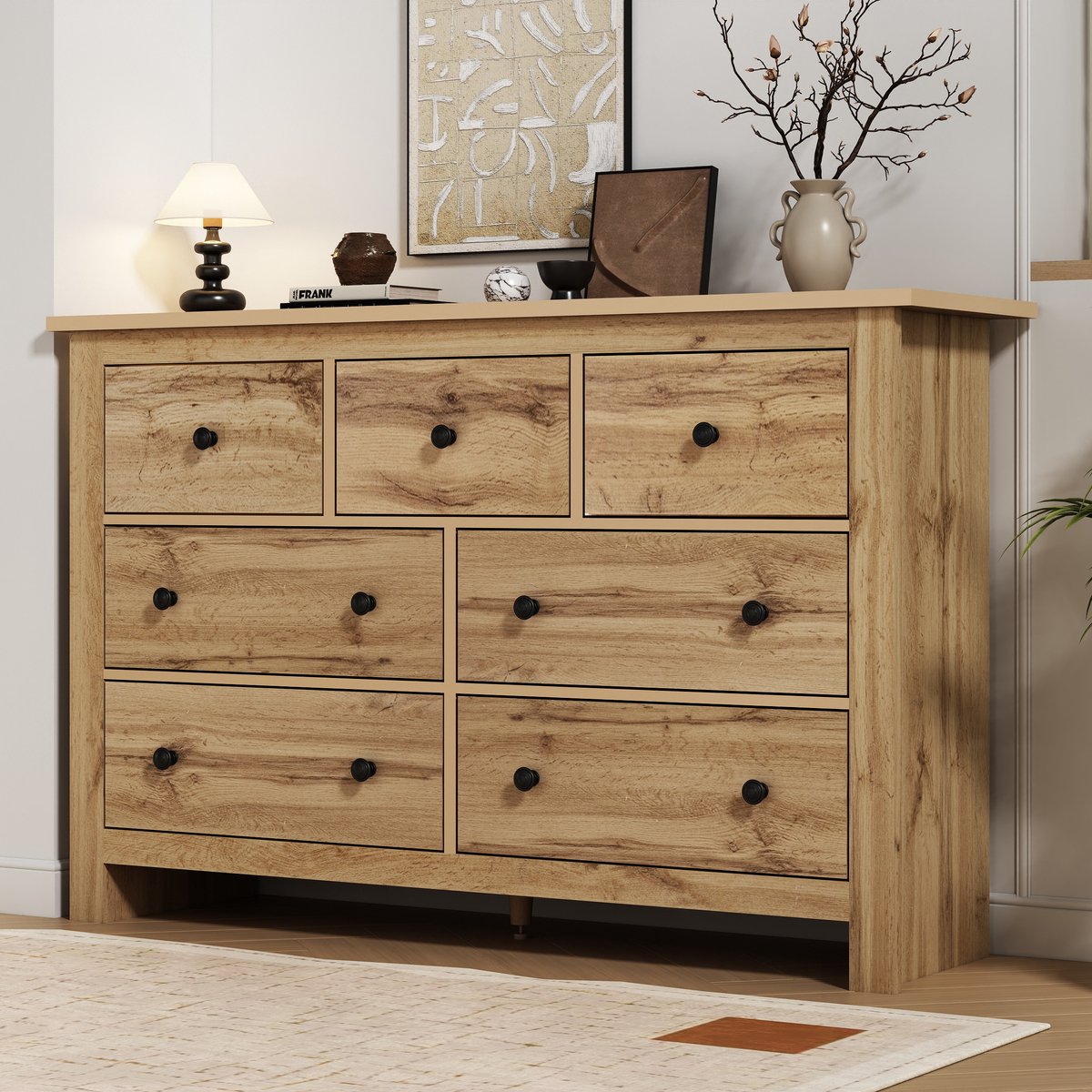 DESMIU Dressoir - Landelijke Opbergkast Met 7 Laden - Veel Opbergruimte Voor Keuken Hal En Woonkamer - Spaanplaat - 152x40x89 Cm - Houtkleur