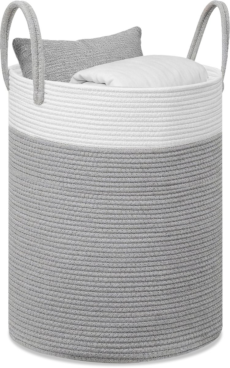 Lemonmax Ronde wasmand opbergmand - Gevlochten speelgoedmand met handvatten 58 L - Voor kinderkamer slaapkamer woonkamer - 38x50 cm - Wit Grijs
