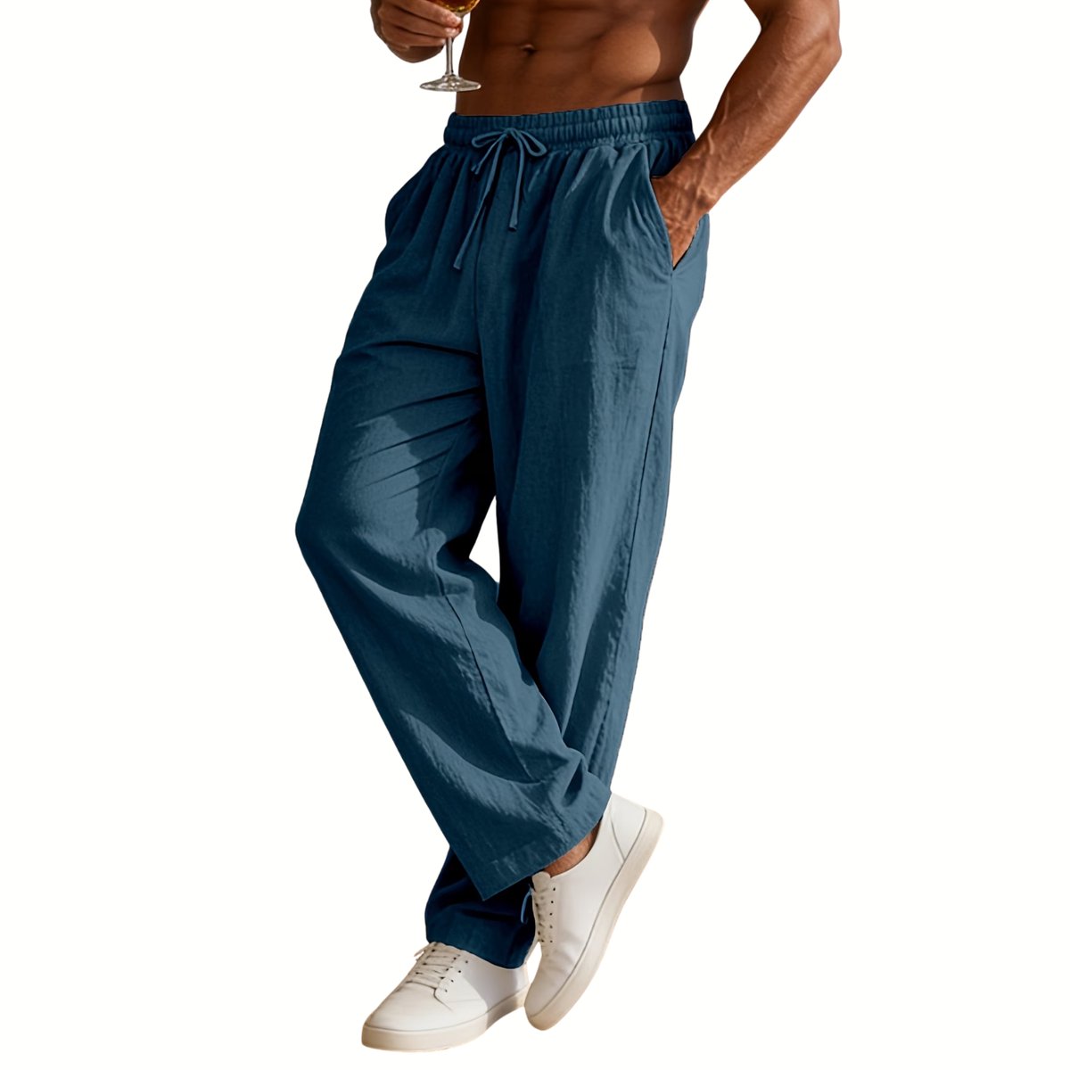 Currero Linnen Broek Heren Zomerbroek Volwassenen Lange Broek Pantalon Strandbroek Zomer Ibiza Stijl Zeeblauw Marineblauw