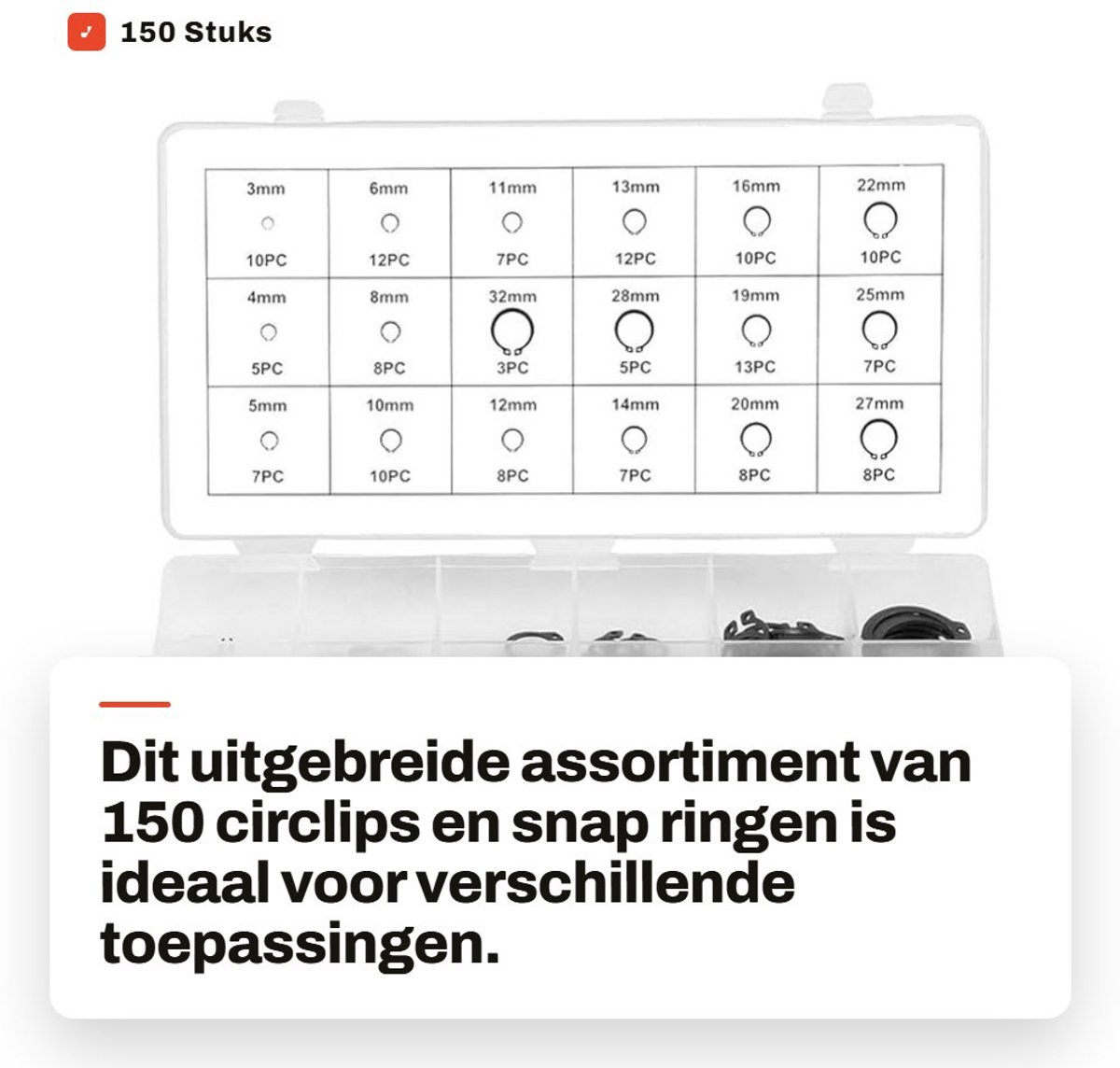 Dailygoods- Circlip Assortiment 150 Stuks - Snap Ring - Borgringen - Retaining Ring - Gehard Metaal - Resealable Doos - Borgring