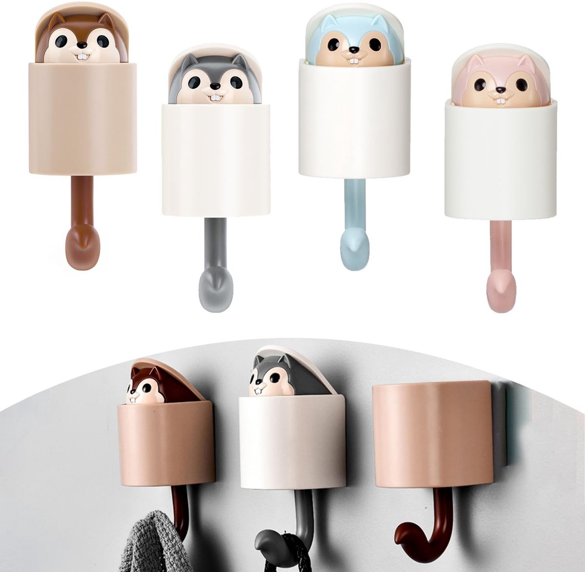 Dailygoods- Kledinghaken 4 stuks - Cartoon dierenhaken - Sleutelhangers - Handdoekhouder - Wanddecoratie - Kunststof 5,1 x 5,3 x 8,7 cm - Wandhaken