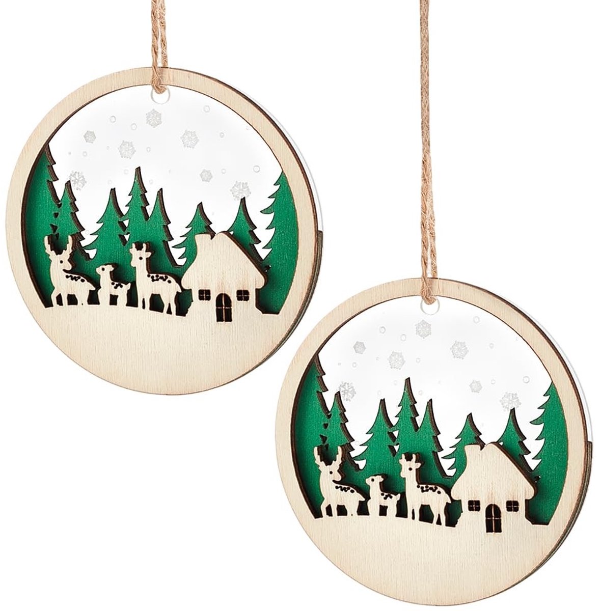 Dailygoods - 2 Stuks Houten Kerstboomhangers met Rustiek Rendierhuis Ornament