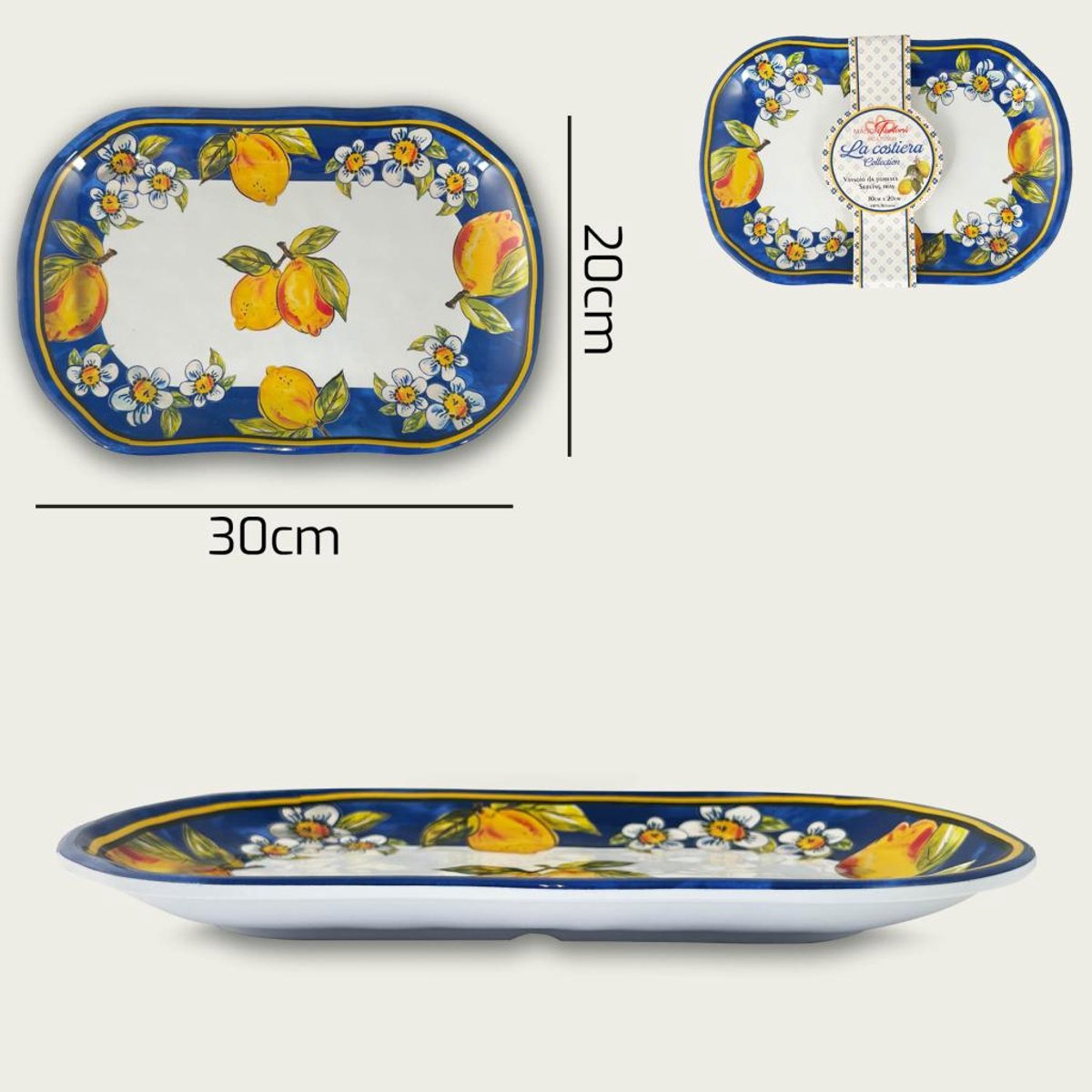 Arca Limoni collection - Set van 2 Rechthoekige Melamine Schalen/Borden 30x20xH3cm – licht in gewicht – makkelijk stapelbaar – voor binnen en buiten