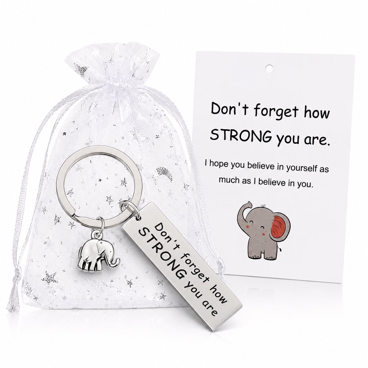 Hypify Sleutelhanger Olifant met Kaart en Cadeauzakje – "Don't Forget How Strong You Are" – Motivatie Cadeau