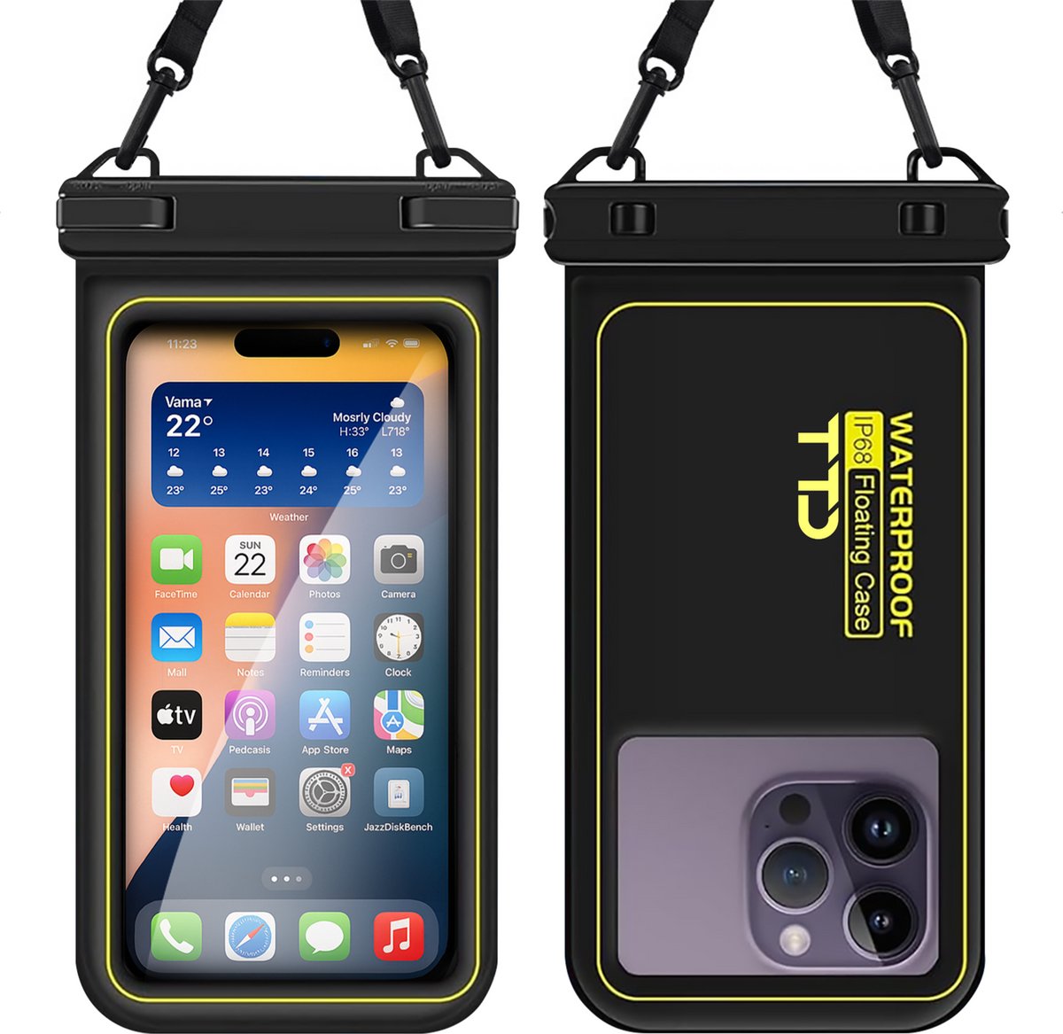 TTD® Waterdicht Telefoonhoesje Drijvend - 2 Stuks - Blijft op Water Drijven - Met Verstelbaar Draagkoord - Touchscreen, Camera en Face ID Blijven Bruikbaar - Dubbele Klipsluiting - Geschikt voor Telefoons tot 6.8 Inch