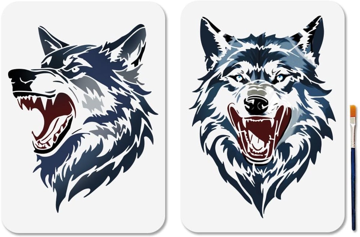 Dailygoods- Wolfskopsjabloon Herbruikbaar - Schildersjablonen - 2 Stuks - Kunststof - 21 x 29,7 cm - Inclusief Penseel - Schildersjabloon