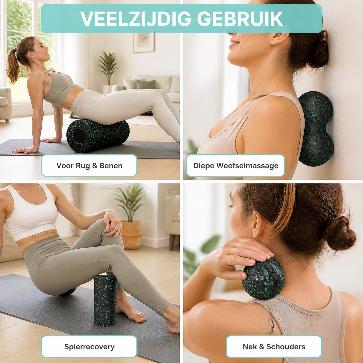Fascia Massage Roller Set 4-delig EPP Foam Roller Peanut Massagebal Triggerpoint Massage Fitness Yoga Herstelset Zwart Groen thumbnail 3