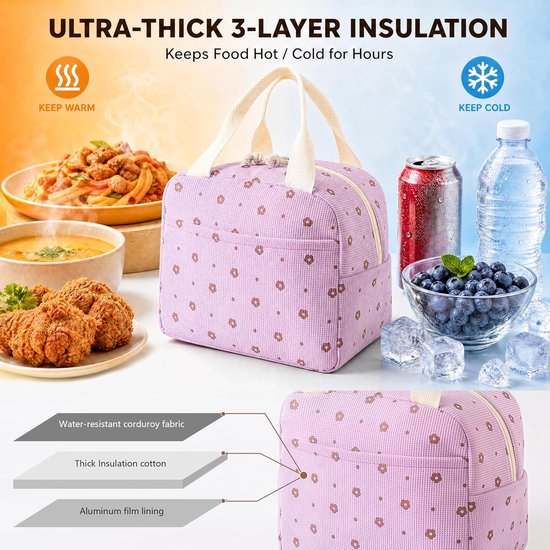 VHV Geïsoleerde Lunchtas Dames - Koeltas Lunchbag met Handvat - Paarse Bloemenprint - Voor Werk, School en Onderweg — afbeelding 4