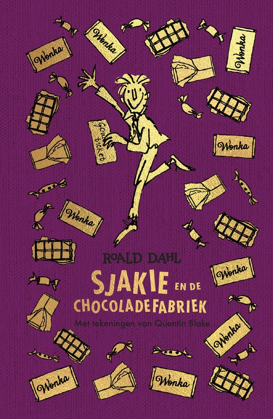 Boekomslag met Sjakie die danst tussen gouden chocoladerepen en snoepjes, met de titel 'Sjakie en de chocoladefabriek'.