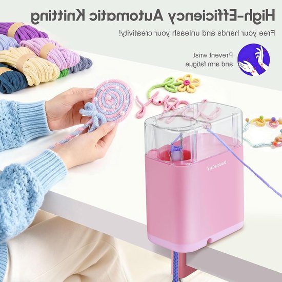 Automatische I-Cord Breimachine met 2 Garnspoelen en 1 Rol, Elektrische Breimolen voor Snelle DIY-Knutselprojecten, Roze Decoratieve Koord en Strickliesel voor Creatieve Breiwerkjes — afbeelding 5