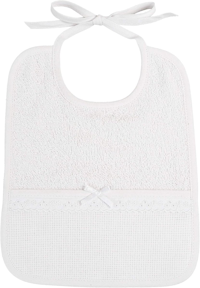 SnelShoppen - Geborduurde Slabbetje met Zak van Aida Stof voor Baby's - Witte Katoenen Frottee met Sangallo Kant - Ideaal voor Nieuwe Ouders en Babysh