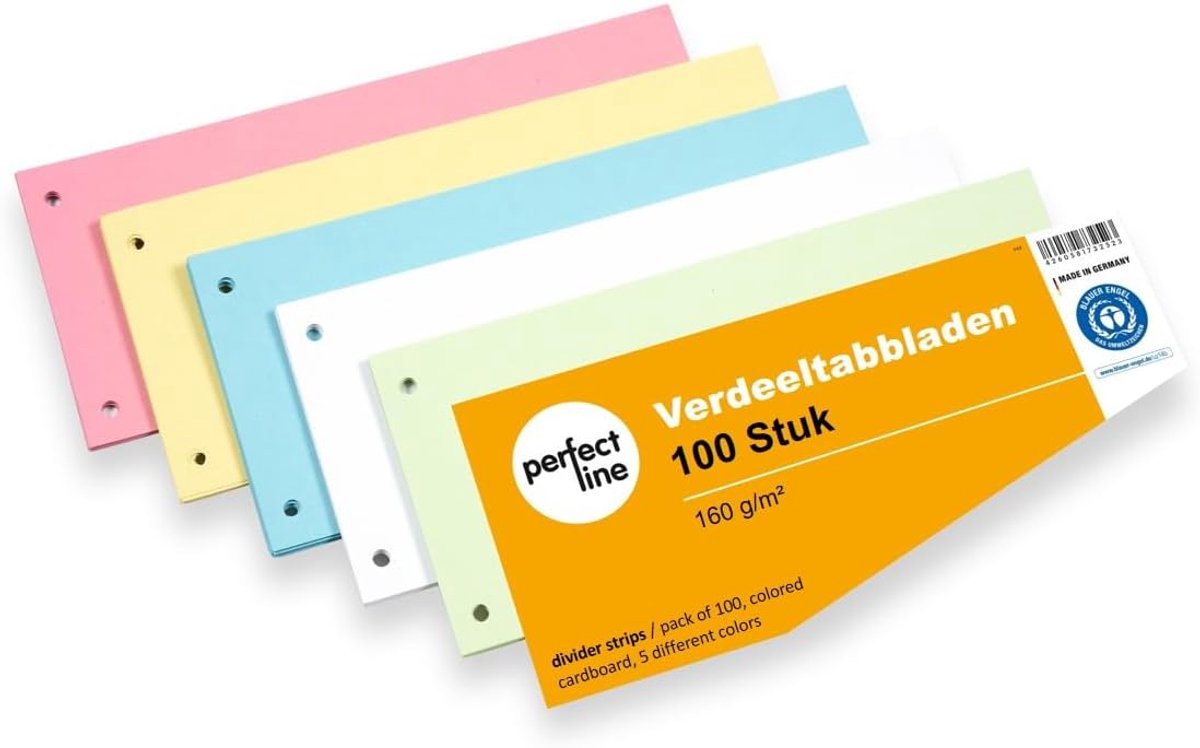SnelShoppen - Perfect Line A4 Dividers 100 Stuks, Trapezoidaal, Gemaakt van Gerecycled Karton, 5 Kleuren, Perforaties voor Mappen