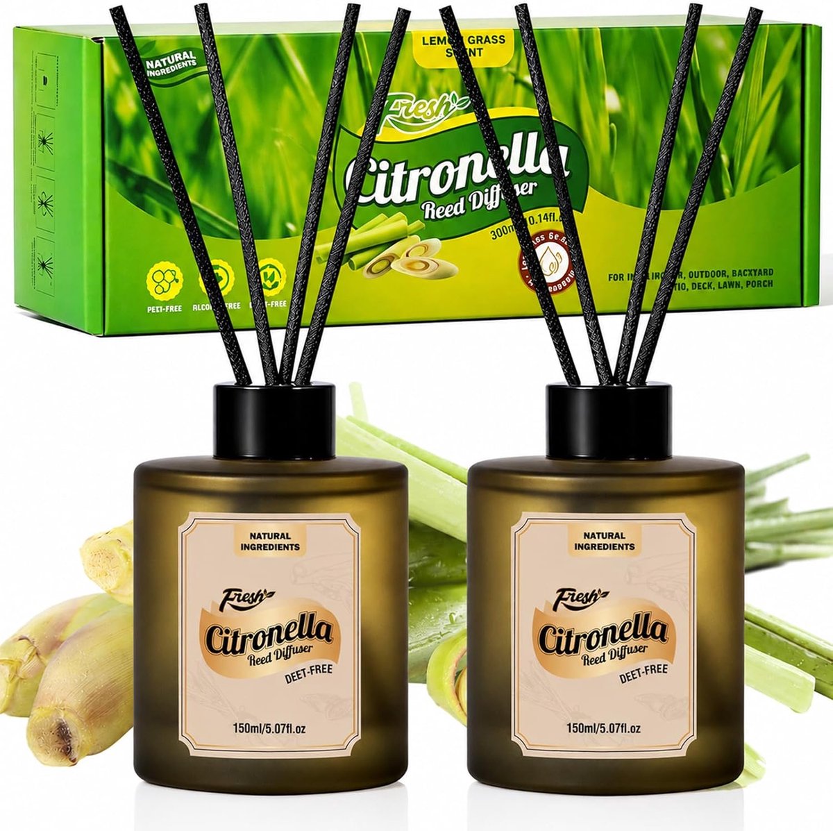 SnelShoppen - Luchtverfrisser met Geurstokjes Citronella, 2 x 150 ml Rietdiffuser, 12 Vezelstokjes, Ideaal voor Woonkamer, Badkamer, Kantoor en Entree