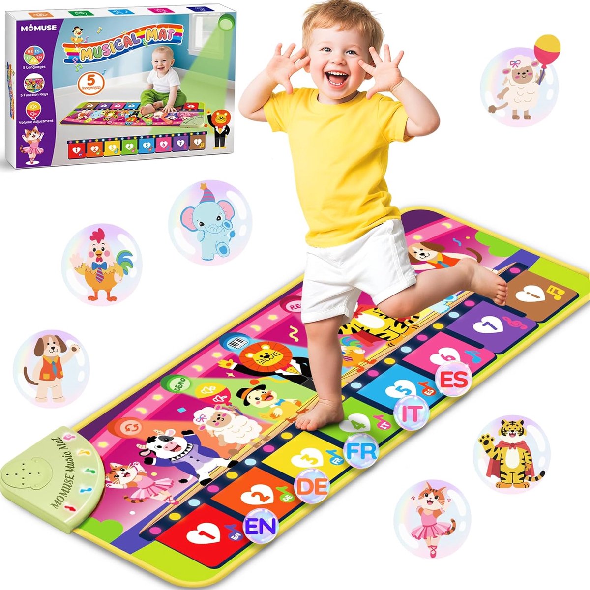 SnelShoppen - Multilingual Piano Speelkleed voor Kinderen 1-3 Jaar met 9 Dieren, 5 Talen (EN/DE/FR/IT/ES), Lichtgewicht en Draagbaar, Ideaal als Kerst