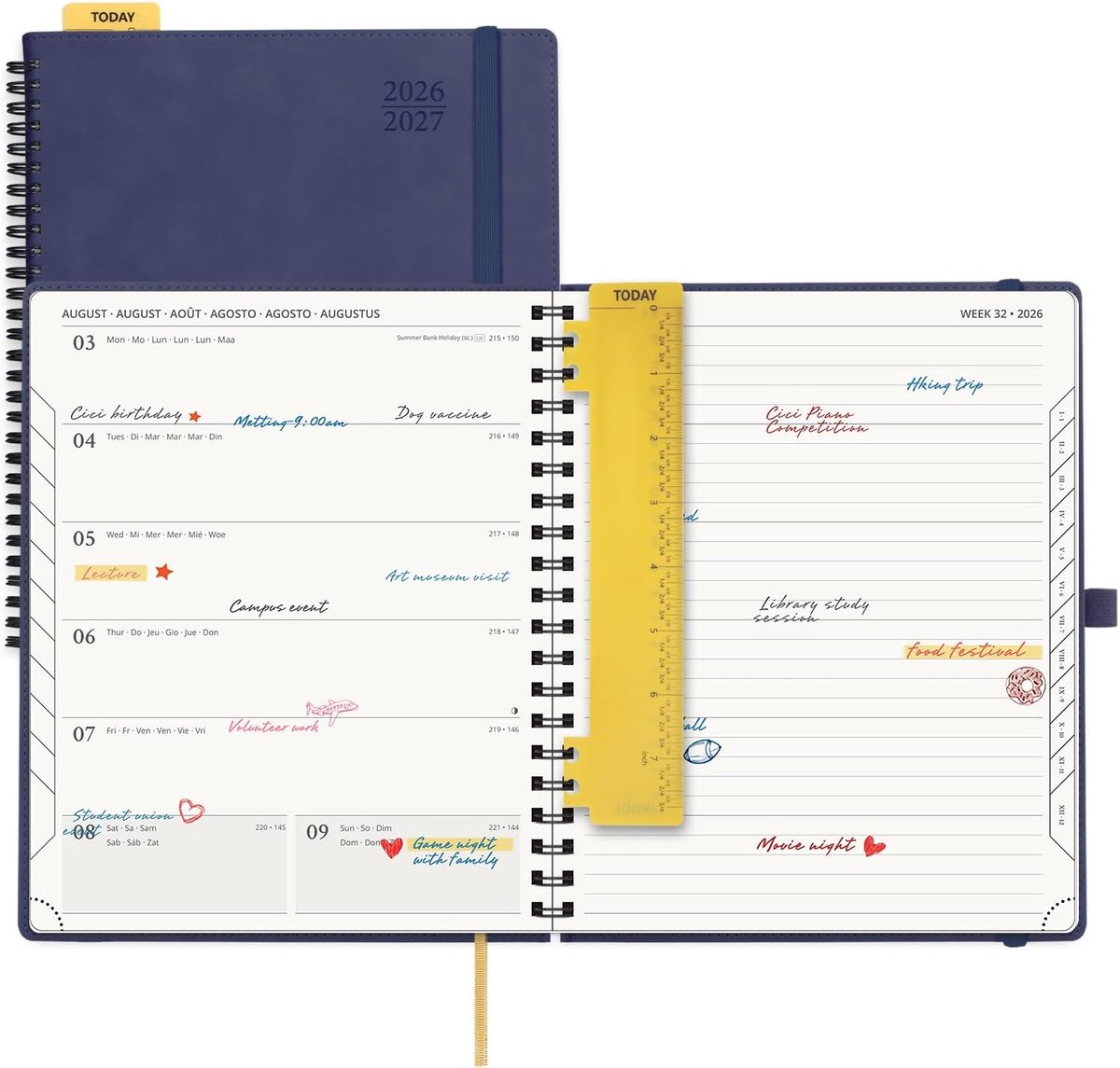 SnelShoppen - Agenda 2026 2027 Weekly Planner Notitieboek 17 Maanden, 26.5 x 21.5 cm, Zacht Spiral Cover, Maandtabs, 80 GSM Papier, Ruler Marker, Donk