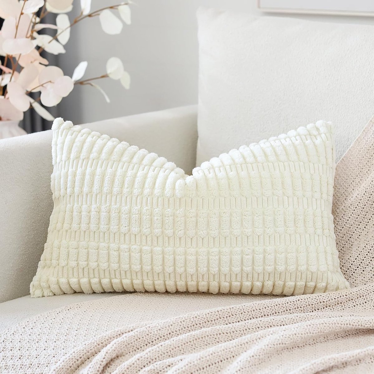 SnelShoppen - Corduroy Kussenhoezen 30 x 50 cm - Decoratieve Super Zachte Kussens voor Woonkamer, Slaapkamer, Sofa - Boho Stripe Design in Crème Beige