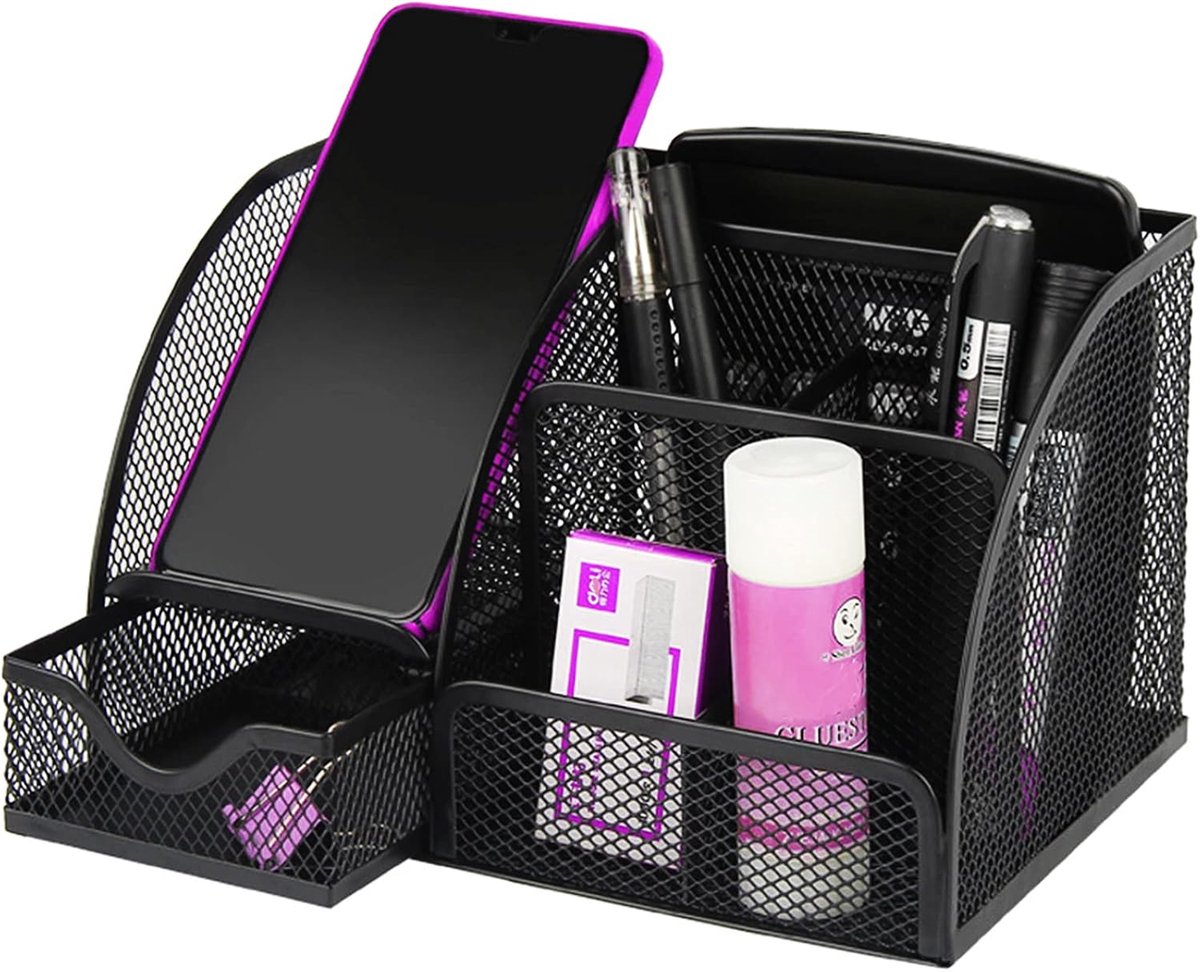 SnelShoppen - Desk Organizer, Multifunctionele Organizer, Mesh Desk Tidy, Penhouder, Lade Organizer, Zwart, 7 Compartimenten voor Kantoor, Make-up en