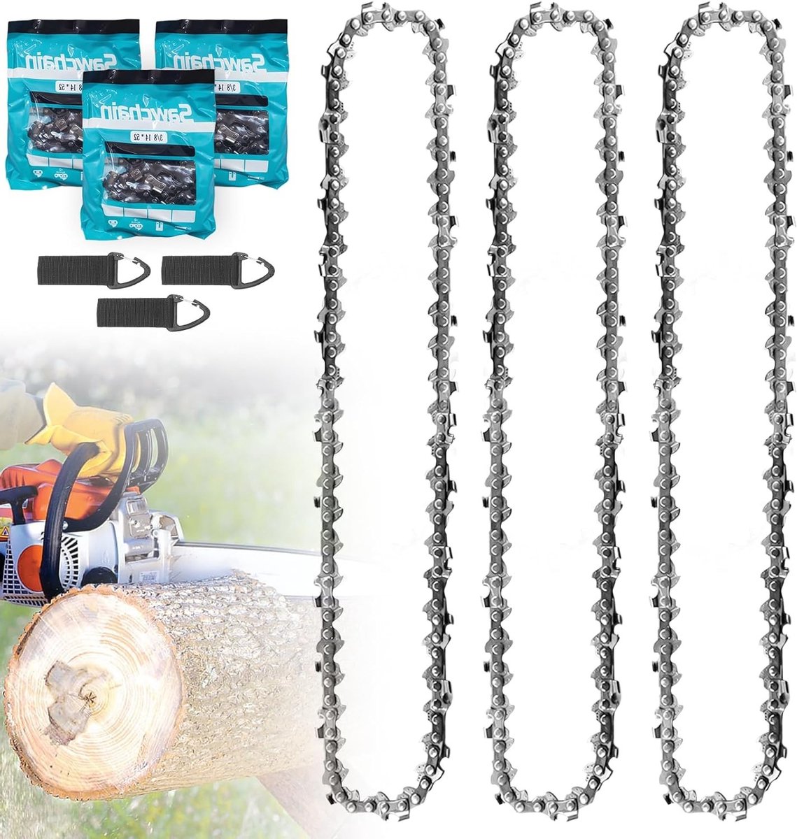 3 x 35 cm Kettingzaagketting 3/8 Inch LP 52 TG 1.3 mm voor Accuzaag met 14 Inch Zwaard Vervangingsketting Geschikt voor Diverse Merken zoals Dolmar en Makita