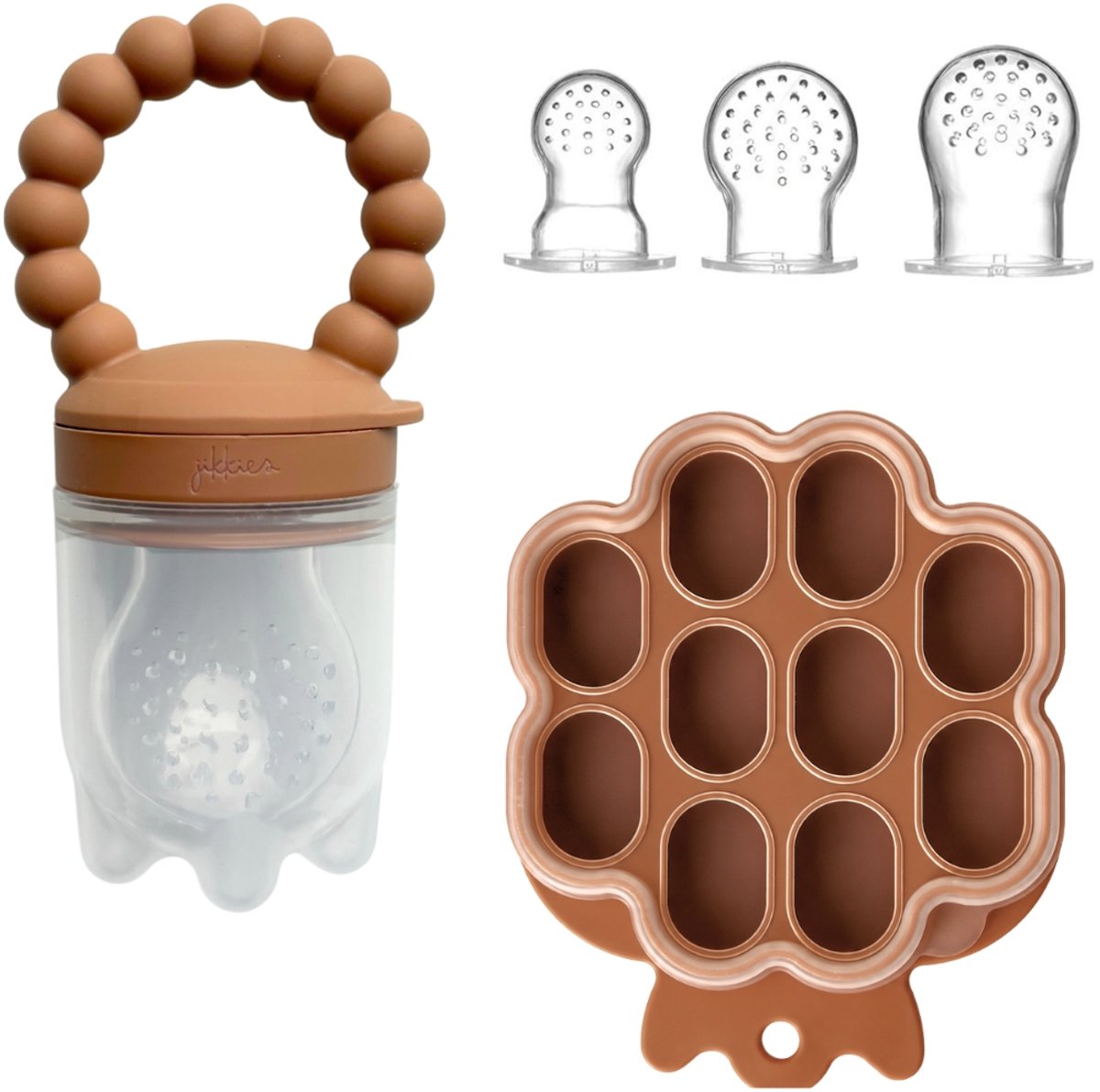 Jikkies Fruitspeen & IJsblokjesvorm – Baby Speen met Bijtring - 3 Speenmaten - BPA-vrij - 100% siliconen - 4+ maanden - Taupe
