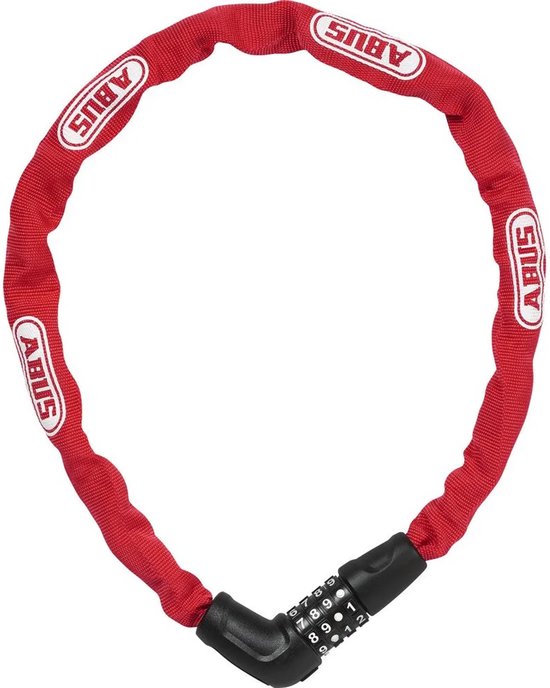 Rood kettingslot ABUS met cijferslot in lus, met logo's.