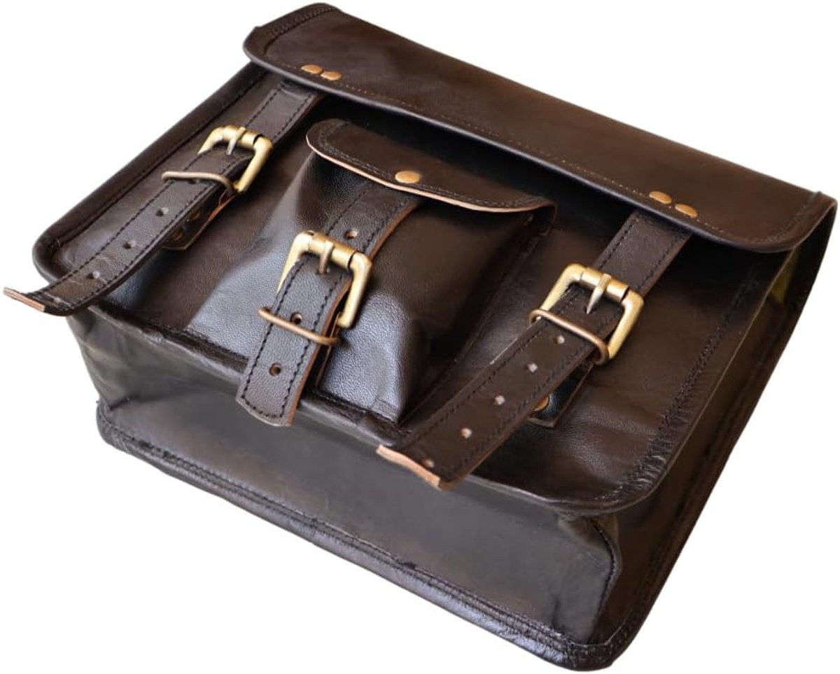 SnelShoppen - Premium Echt Leer Motorfiets Gereedschaps Tas - Zwart - Handvat voor Sissy Bar - Fietstas - Pannier - 28x23x12 cm - Duurzaam en Stijlvol