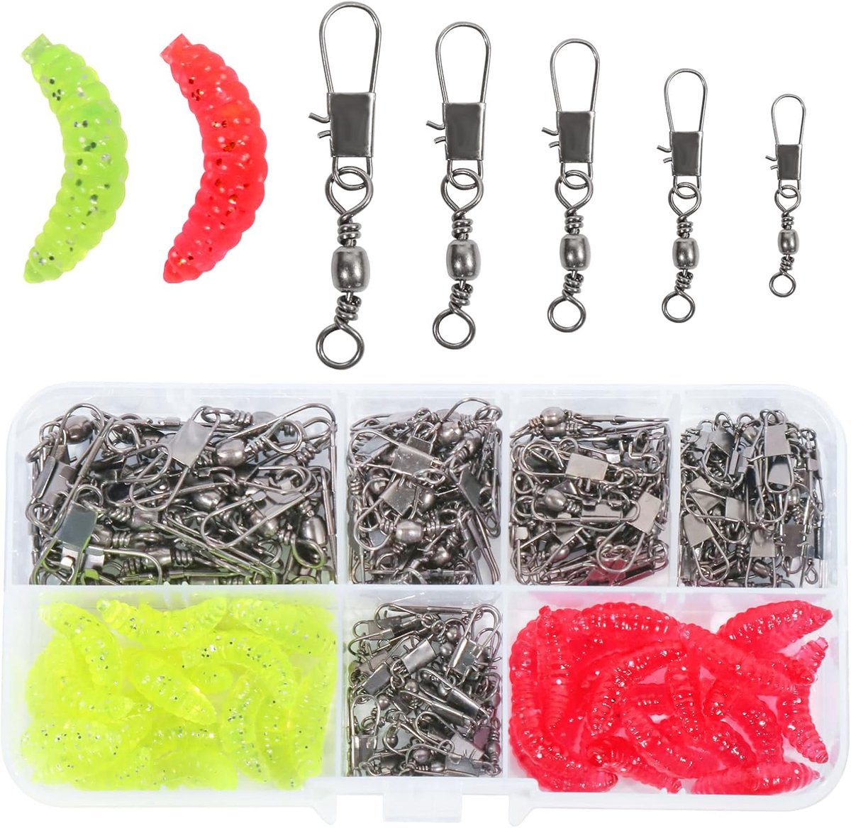 SnelShoppen - 125pcs Vertebra Hengelen met 40 Aas, 5 Maten 6# 8# 10# 12# 14# RVS Hengel Vertebra met Karabijnhaak voor Forelvissen, Bait Fishing, Offs