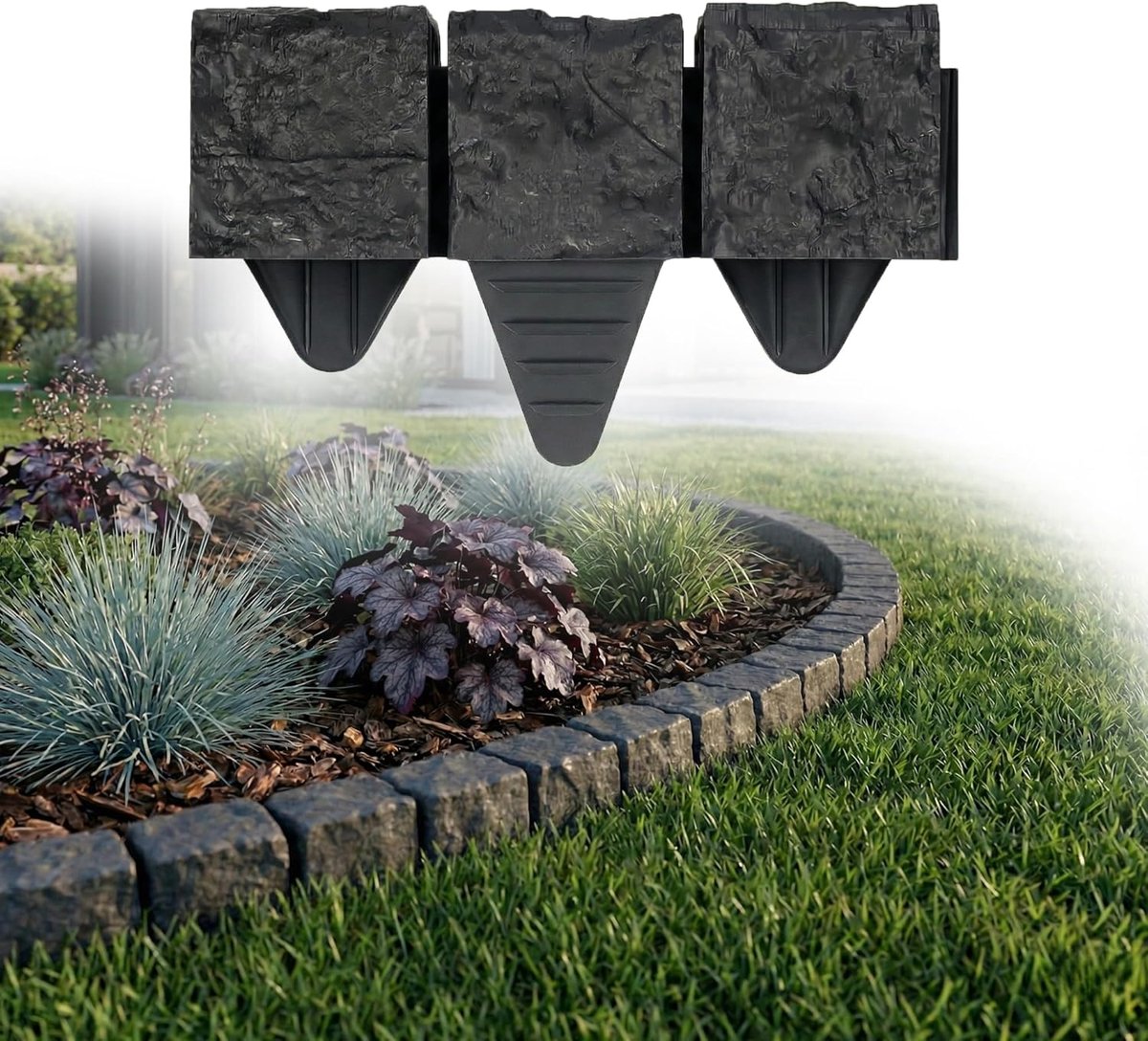 SnelShoppen - Decoratieve Tuinrand 1.2 m - Antaciet Graniet Look - Kunststof Graskant - Bloembedrand - Tuinhek - 10 x 10 x 10 cm