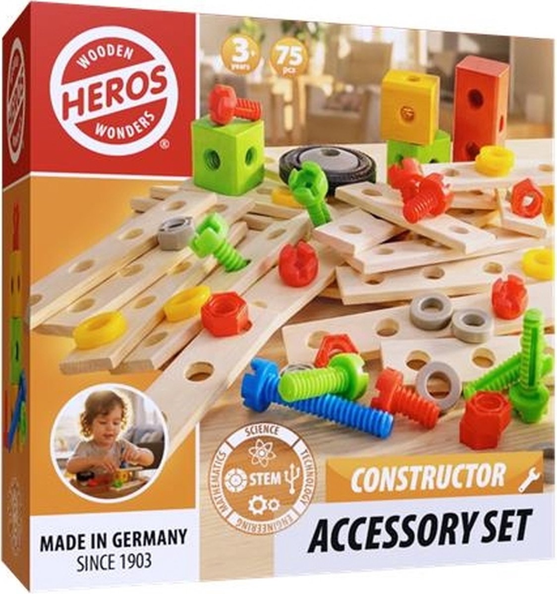 Heros Constructor Uitbreidingsset – Constructiespeelgoed – 75 Onderdelen – Accessoireset met Schroeven, Moeren, Latten en Wielen – Houten Bouwset – FSC Hout – Gemaakt in Duitsland – Vanaf 3 Jaar