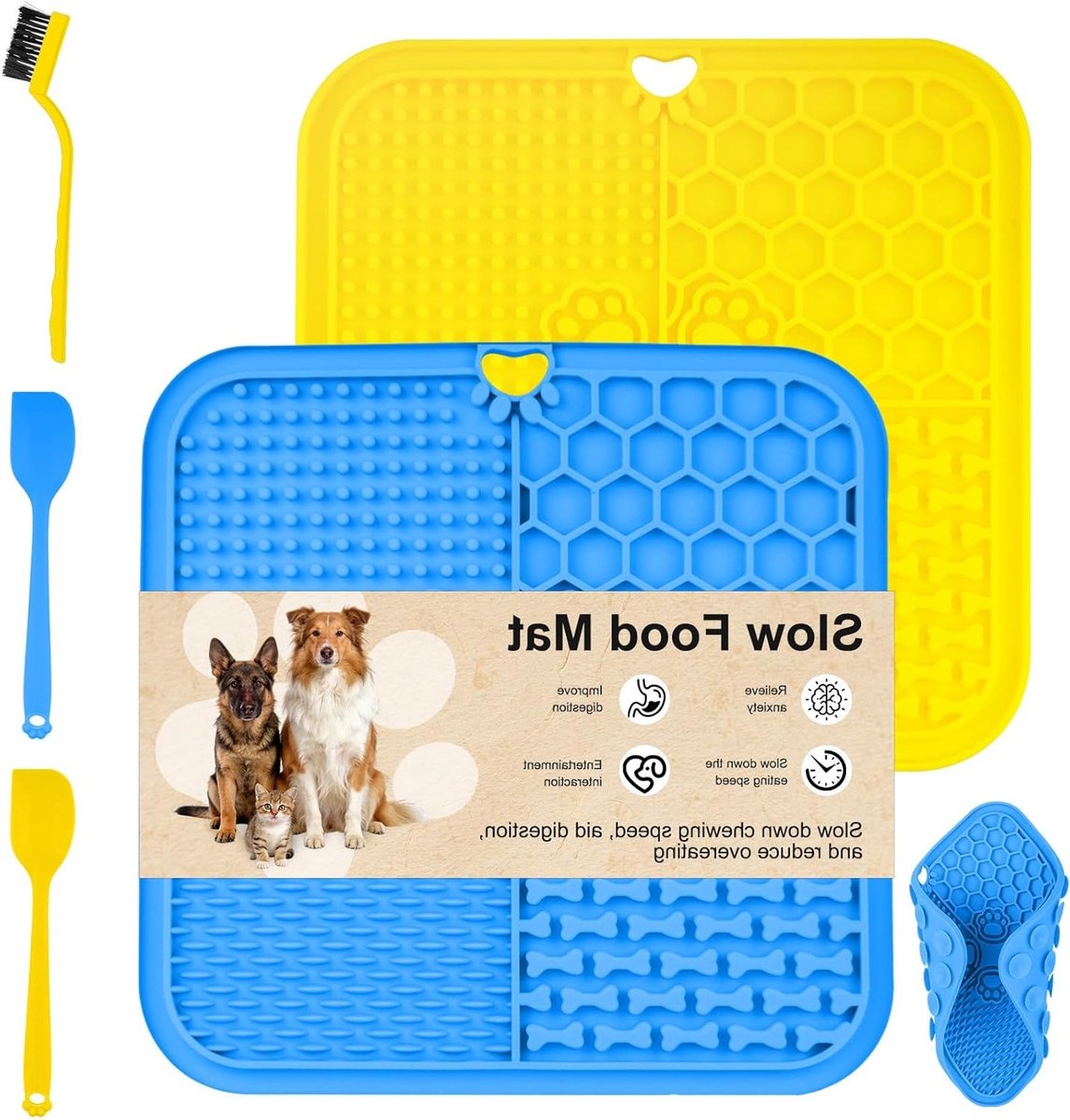 Lickmat voor Honden en Katten - 2 Stuks 20 x 20 cm met Zuignappen voor Langzaam Eten en Voeding met Spatel en Borstel