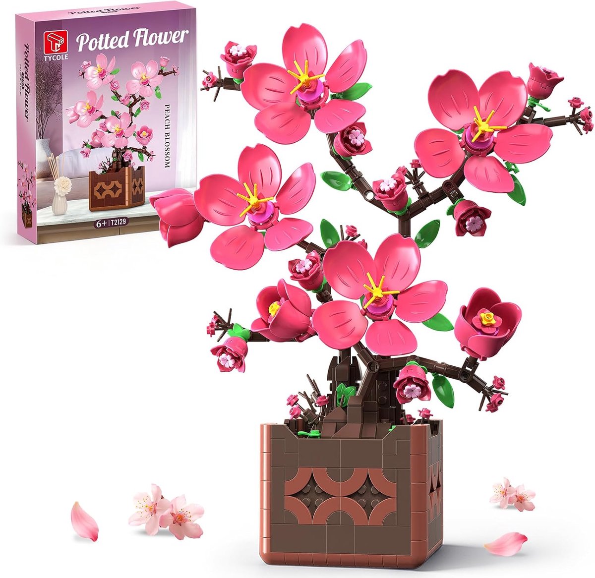 SnelShoppen - Potted Toys Peach Blossom Bouwstenen Set - 602 Delige Kunstplant met Roze Bloemen - DIY Decor voor Thuis en Kantoor - Leuk Cadeau voor K