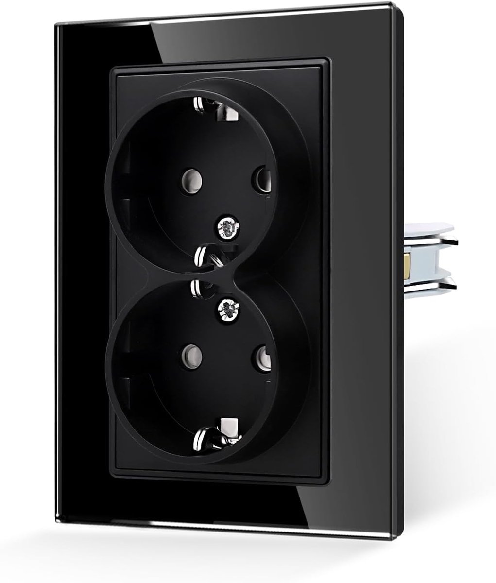 SnelShoppen - Dubbele Wandcontactdoos met Haak, Zwart, Tempered Glass, 1-gang, 16 Amp, Standaard Schuko Aansluiting voor Huishoudelijke Apparaten