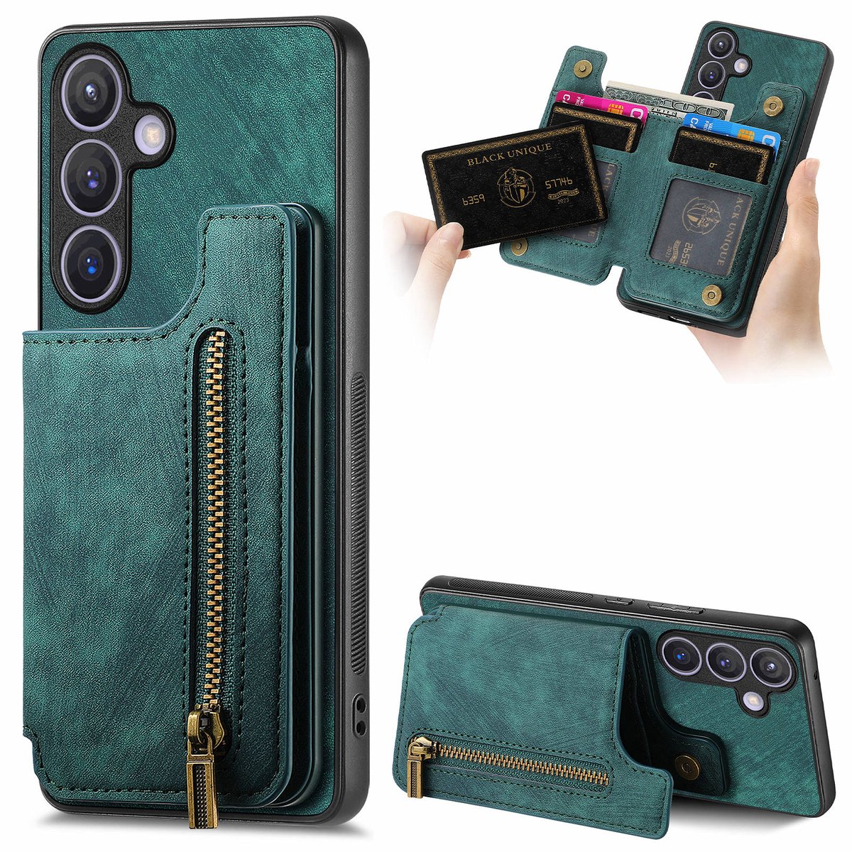 Silicone TPU en kunstleer kickstand retro groen back cover hoesje case met rits - pasjeshouder - telefoonhoesje geschikt voor de Samsung Galaxy A27 5G