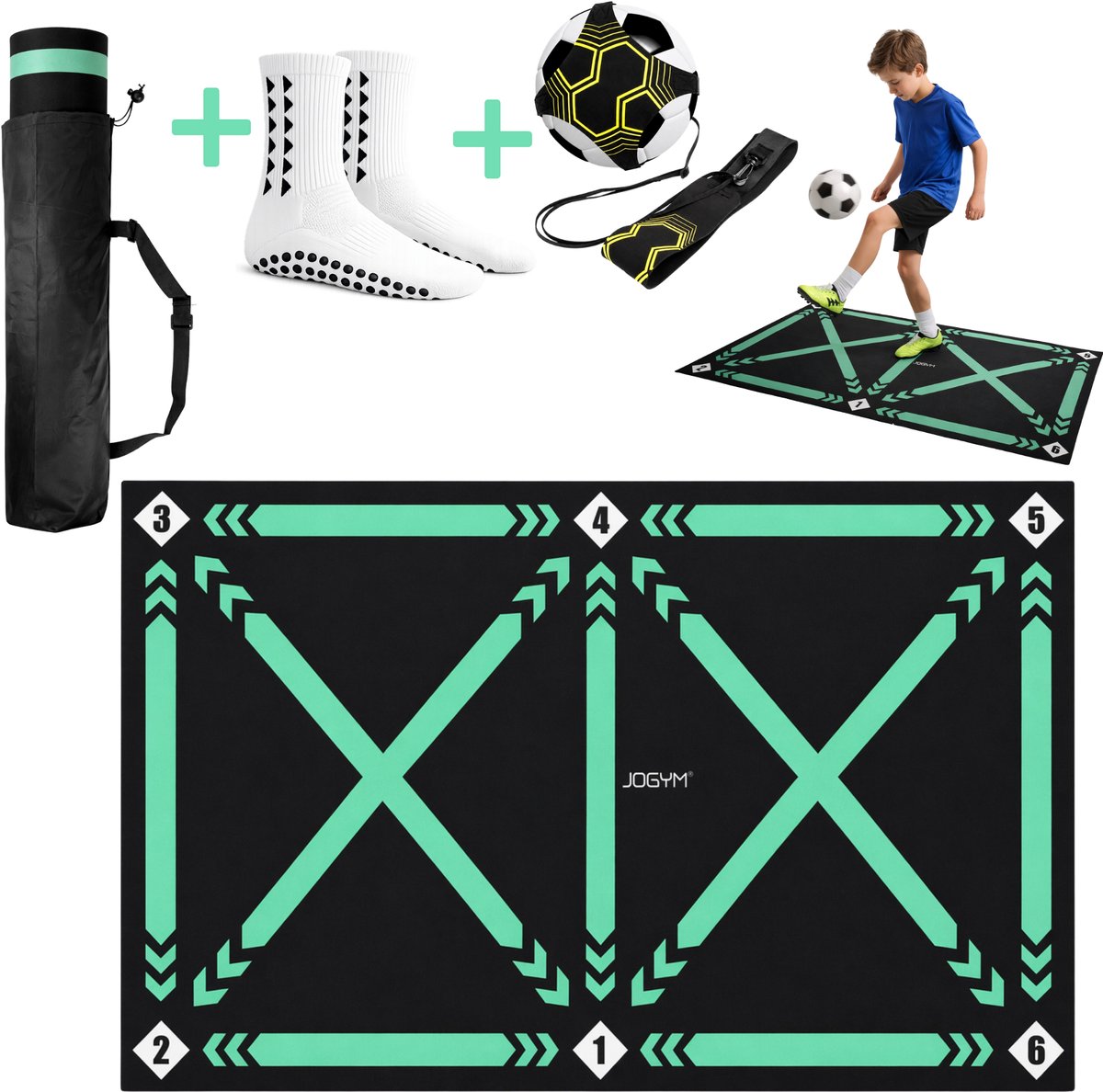 JOGYM - Voetbalmat – Voetbal Trainingsmat - Incl. Voetbaltrainer Elastiek - Voetbal Trainingsmateriaal - Voetbal Spullen - Voetbal Accesoires - Voetbal Speelgoed - Thuis Training – Extra Groot Kruis - Antislip - Met 1 Paar Gripsokken En Draagtas
