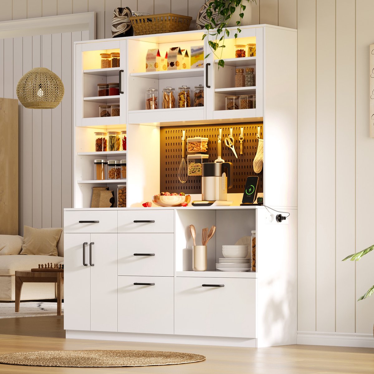 HAUSS SPOLE Keukenkast - Met Ledverlichting En Stopcontact - 5 Lades En Verstelbare Planken Voor Keuken - MDF - 145x40x185 Cm - Wit