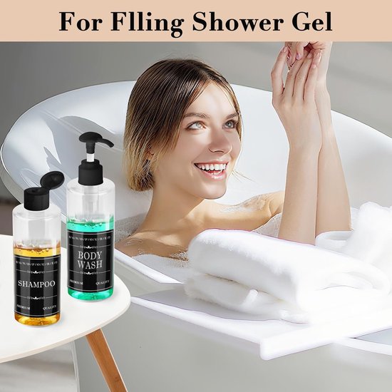 SnelShoppen - 7Pcs Lege Reisflessen Set 250ml met Flip Cap, Push Pomp, Trechter en Etiketten - Herbruikbare Plastic Flessen voor Shampoo, Lotion, Cosm — afbeelding 2