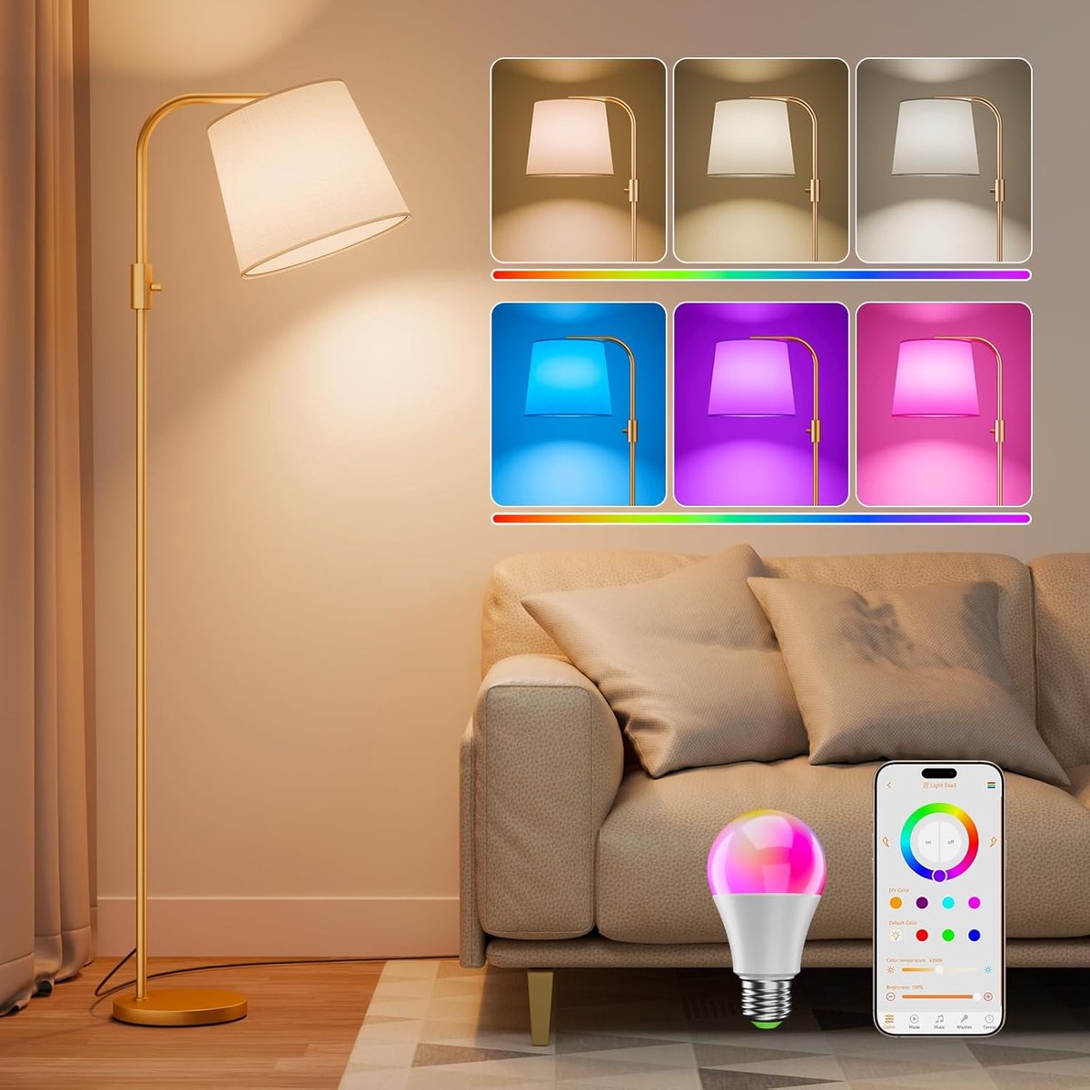 SnelShoppen - Slimme Boogstaande Lamp voor Woonkamer met RGB Kleurverandering, Compatibel met Alexa, App-Bediening, Traploos Dimbaar, 10W 1200LM, 350°