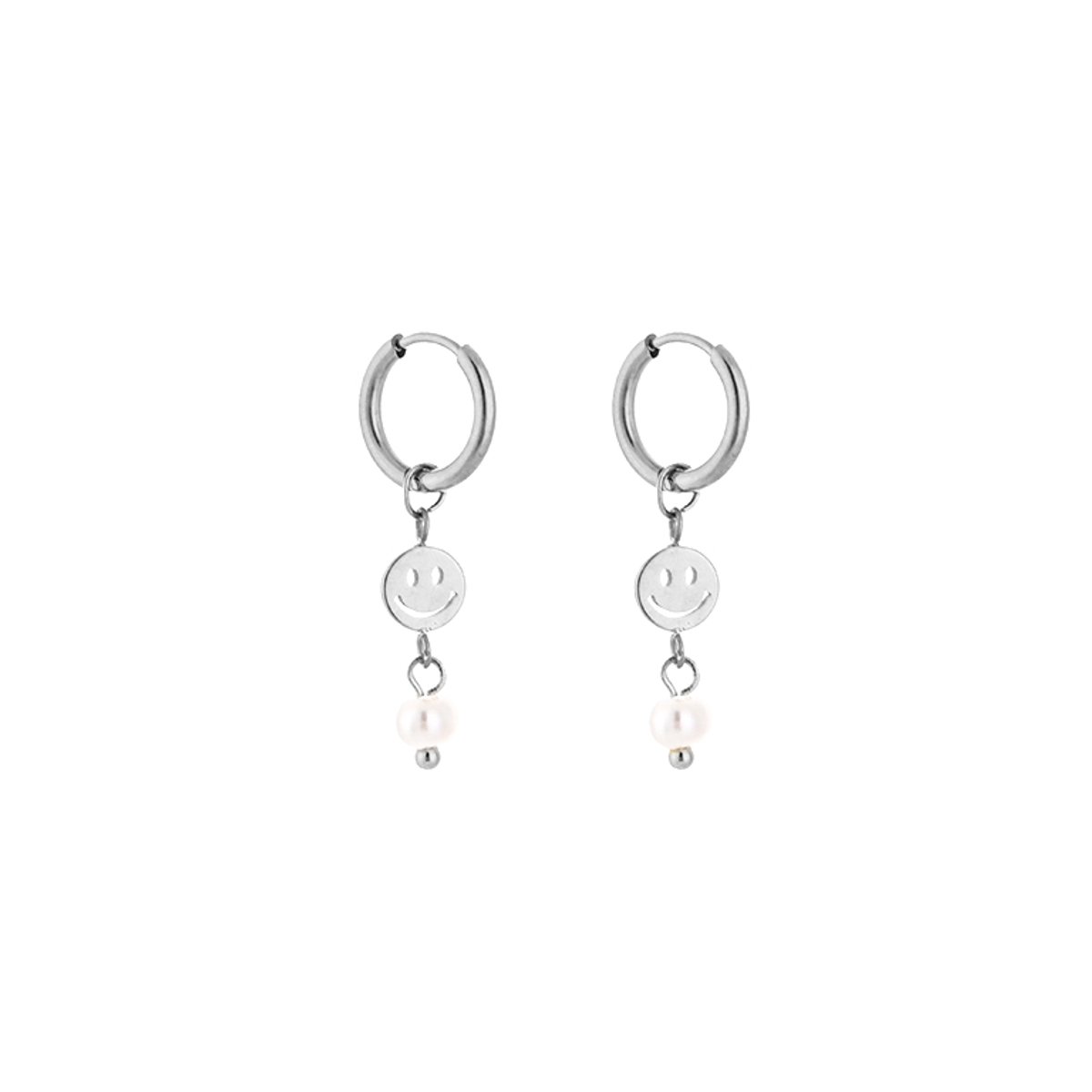 Stainless Steel Bedel Oorringen met Smiley & Parel – Speelse & Eigentijdse Oorhangers - RVS - Zilver