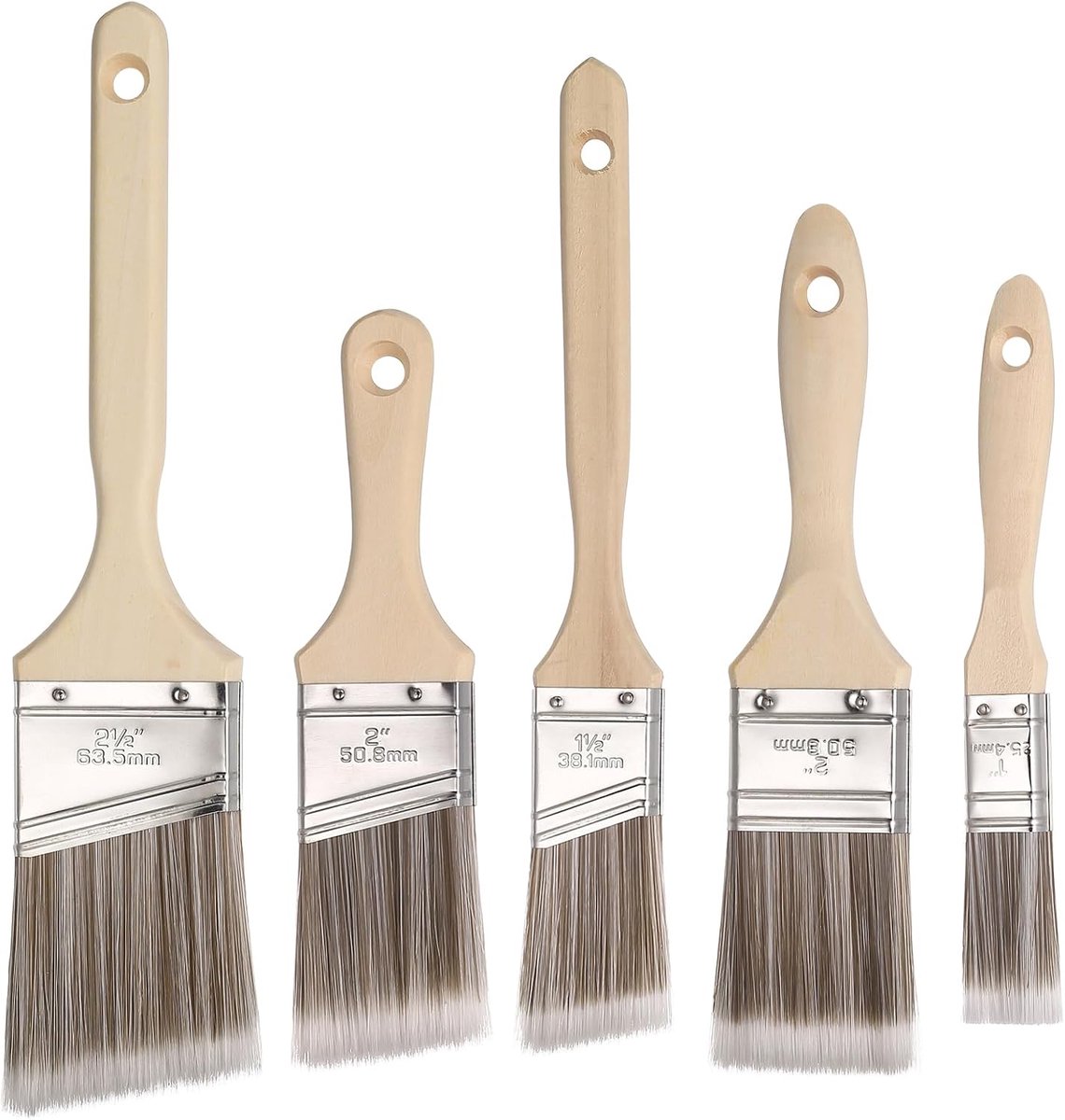 SnelShoppen - 5-delige Angular Borstelset voor Decoreren, Snijden, Houtbeits en Vernis, Nylon Haren, Ergonomisch Houten Handvat voor Muren, Meubels en
