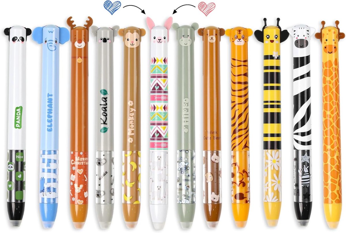 SnelShoppen - Erasable Gel Pens Set met Dierenkop Motief - 12 Stuks - 0.7 mm Kleurpotloden - Ideaal voor School, Kantoor en Kinderen - Schattige Diere