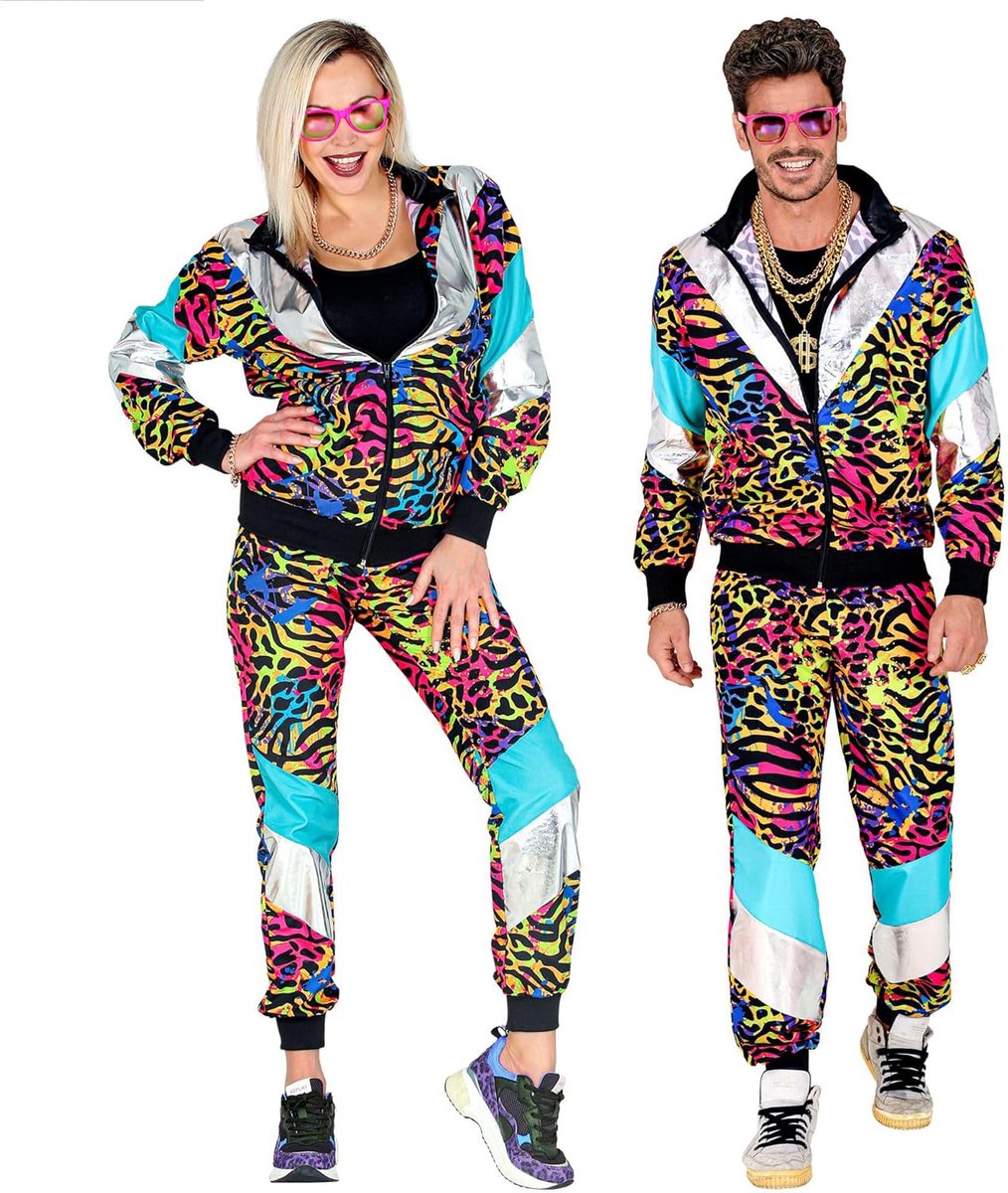 SnelShoppen - 80s Party Kostuum Set met Dierenprints - Neon Trainingspak - XL - Perfect voor Feesten en Thema Avonden