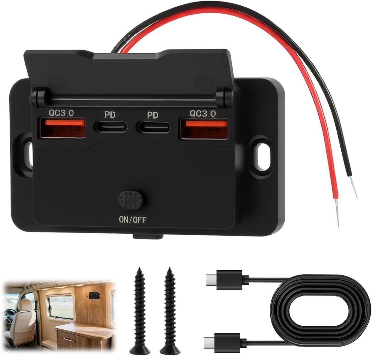 SnelShoppen - USB Auto Oplader 76W, 4 Poorten, 12V Flush-Mounted USB Poort, Dual 36W PD en Dual 18W QC3.0, Waterdicht, Voor Truck, Bus, Camper, Marine