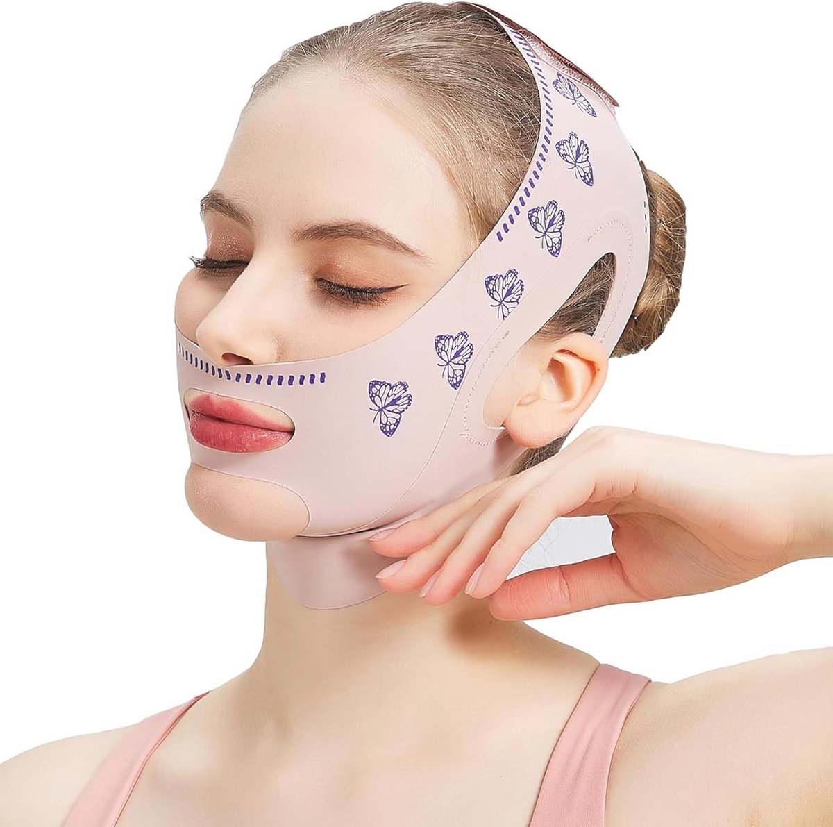 Herbruikbare V-vormige gezichtsmaskers voor huidversteviging, dubbele kin en slappe huid, 360 graden afdekking, liftingband in roze