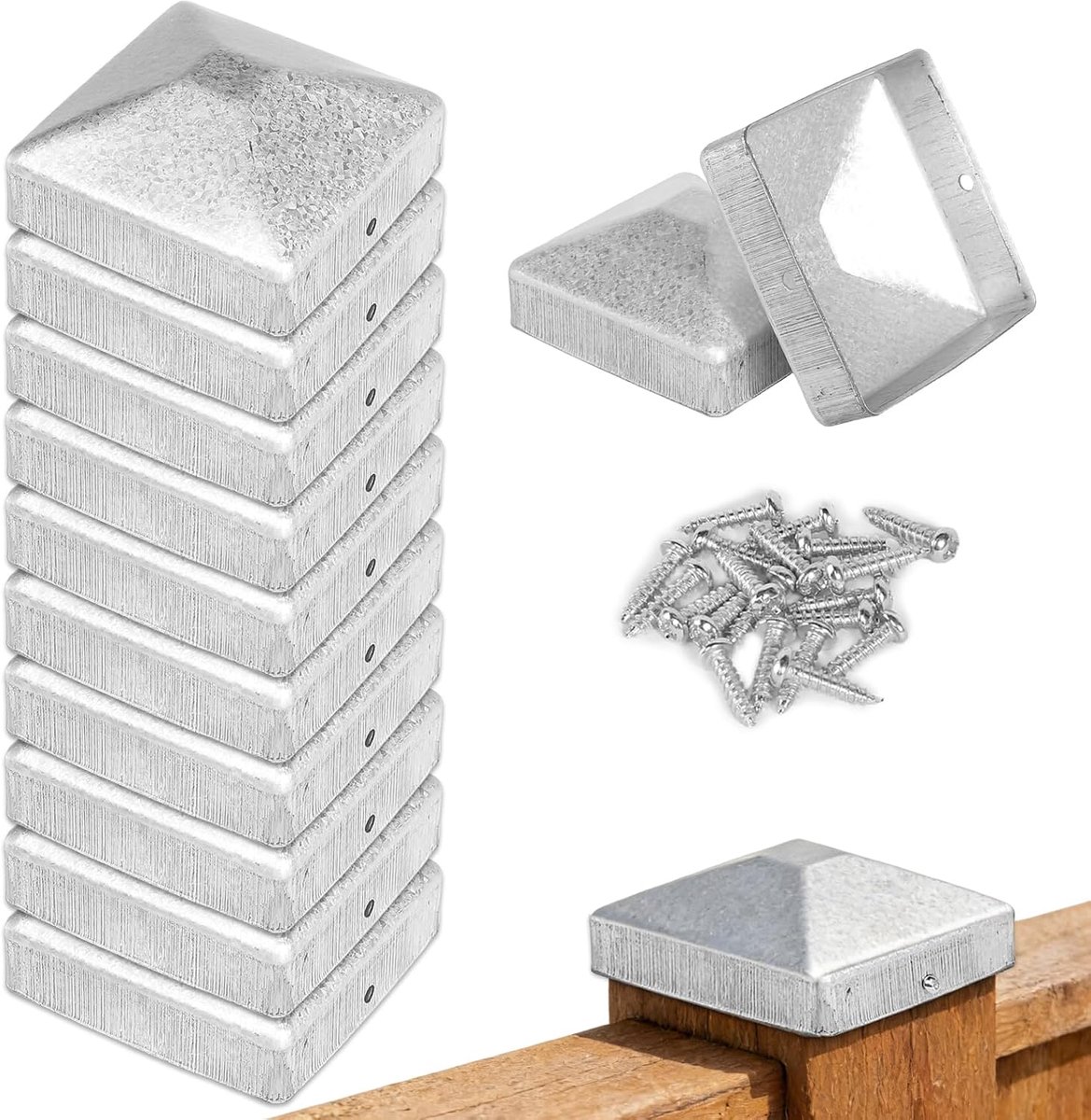 SnelShoppen - Pack van 10 Paalkappen 7 x 7 cm voor Hekpalen - Galvanized Post Covers met 20 Schroeven - Duurzaam en Roestbestendig voor Houten Palen e