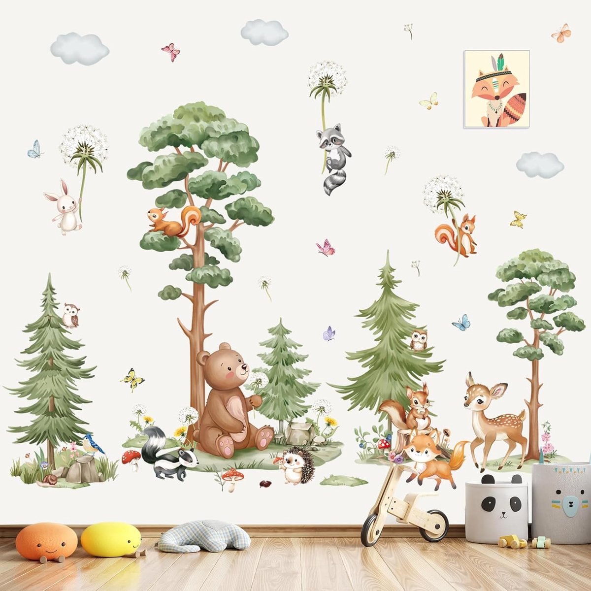 PromoHome Muursticker Bosdieren Boom - Beer, Hert, Paardenbloem - Wanddecoratie Kinderkamer Babykamer Slaapkamer - 3 Vellen 30x90 cm