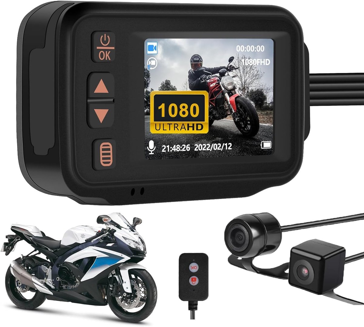 SnelShoppen - CAMECHO Dual Dashcam voor Motorsport en Motorfiets, IP65 Waterdichte Voor- en Achtercamera met G-Sensor, 2 Inch HD, 32GB TF Kaart, Voor