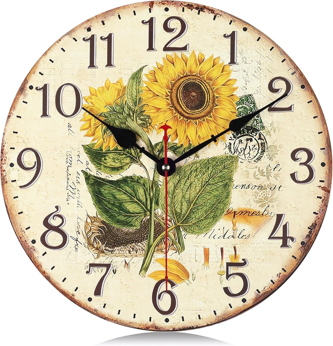 SnelShoppen - 12 Inch Stille Wandklok voor Keuken en Woonkamer - Boerenstijl Houten Klok met Zonnebloem Design - Decoratieve Klok voor Slaapkamer en W